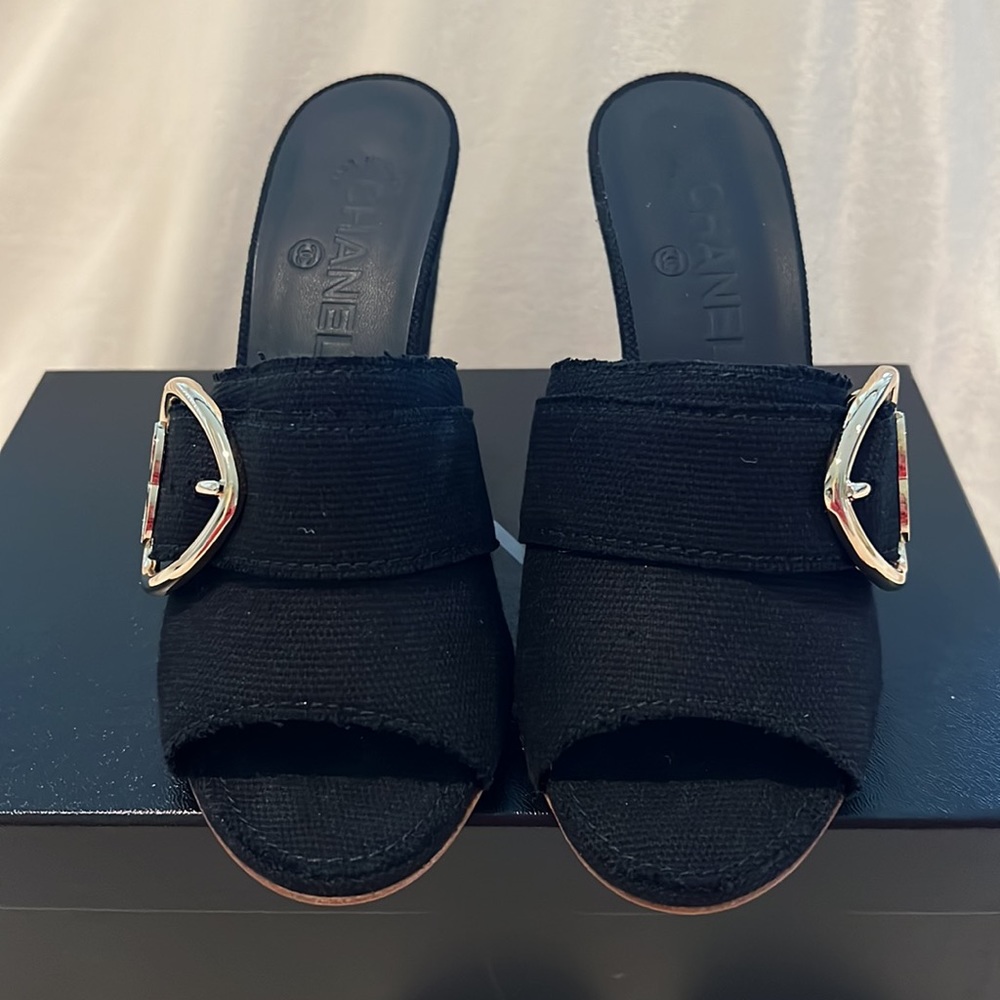 CHANEL Black Wedge Mules with Gold CC Accent - Picture 4 of 9